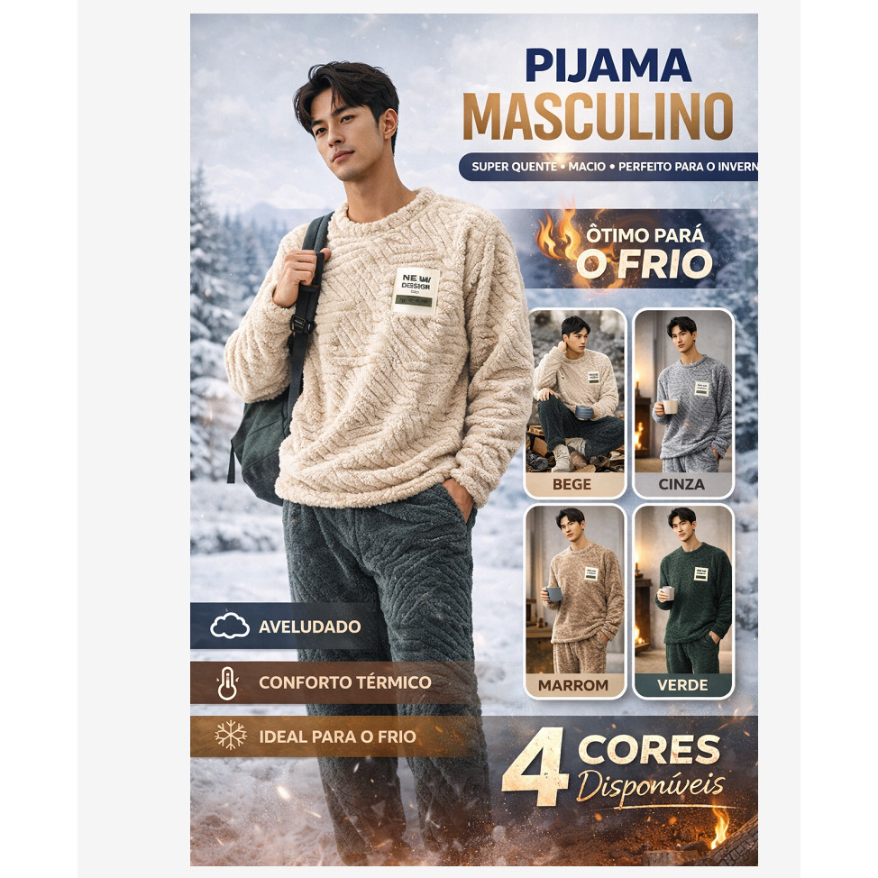 Pijama Masculino Peluciado Inverno Conjunto Manga 