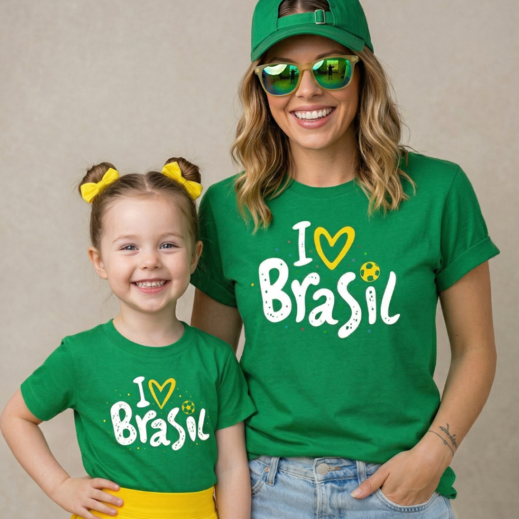Camiseta I Love Brasil Mãe e Filha Infantil Juven