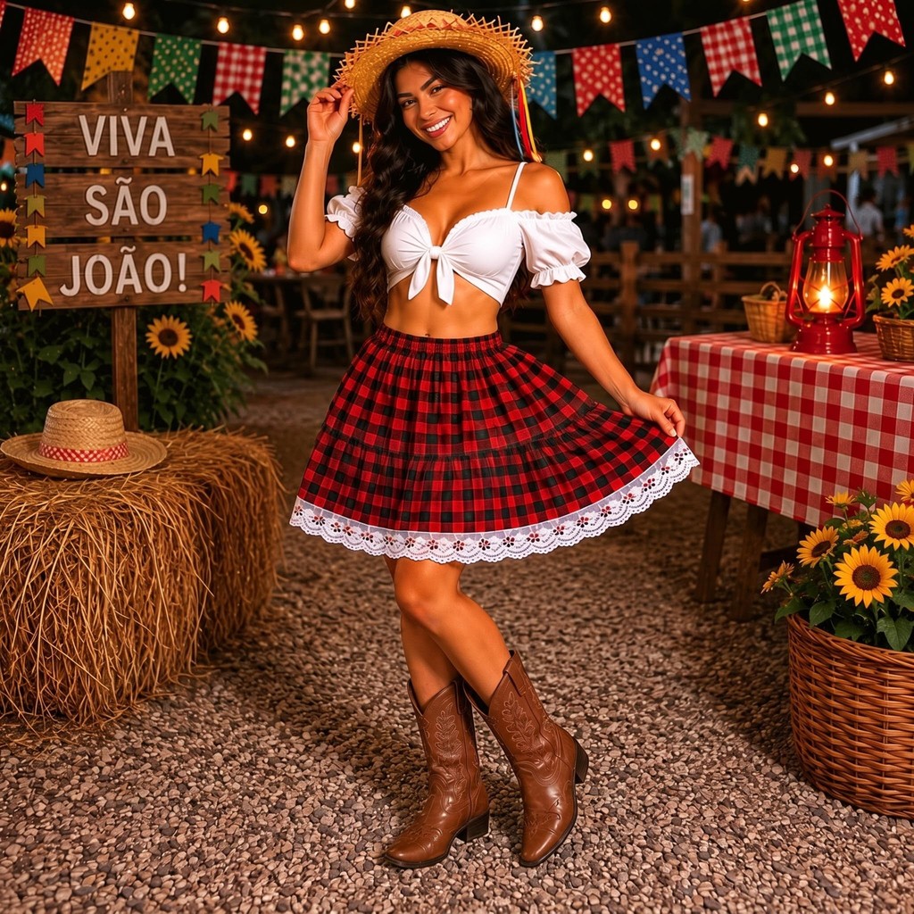 Saia Rodada Xadrez Feminina Com Renda Babado Festa