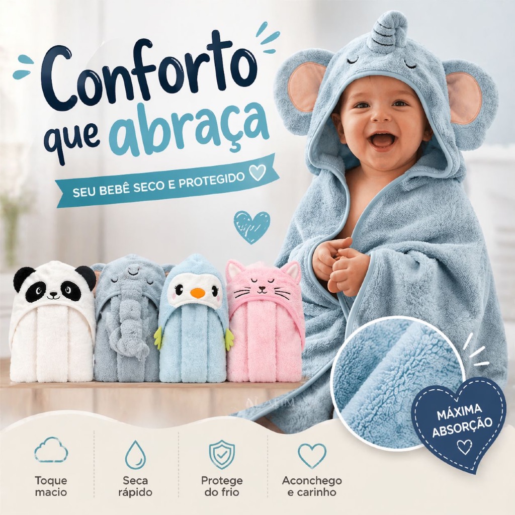 Toalha De Banho Infantil Com Capuz Felpuda Infanti
