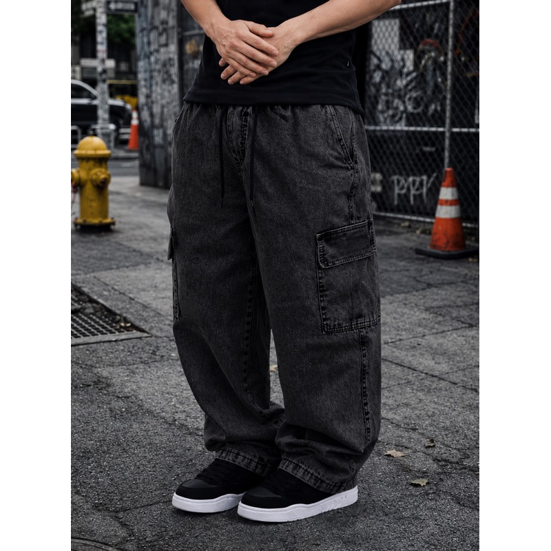 Calça Jeans Cargo Masculina Streetwear Preta Mesc