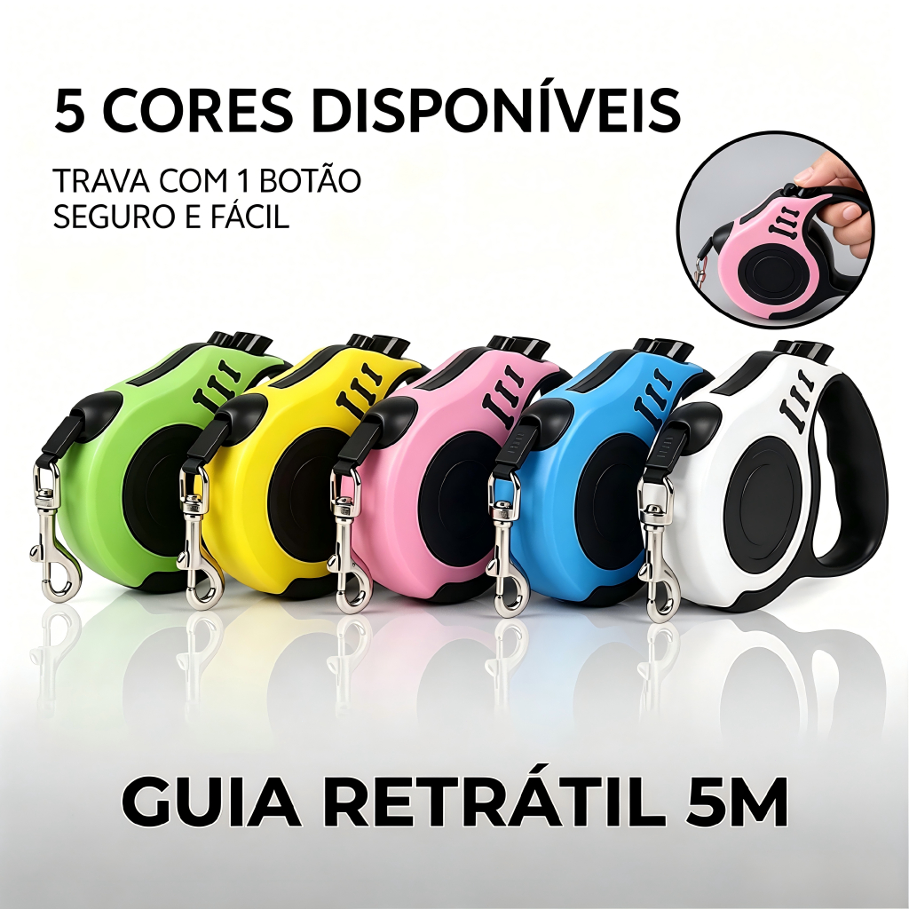 Coleira Guia Retrátil 5 Metros Pets Cachorro Cãe