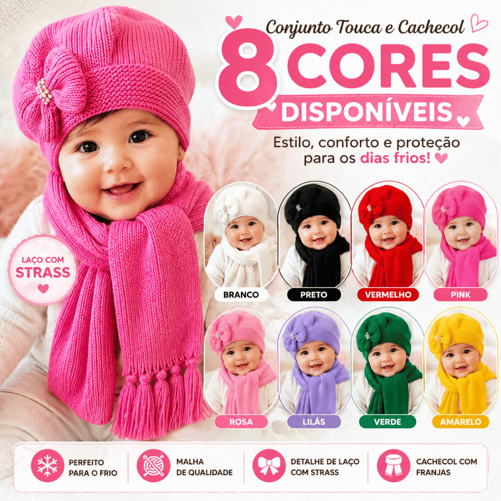 Kit Conjunto Touca e Cachecol Infantil com Strass 