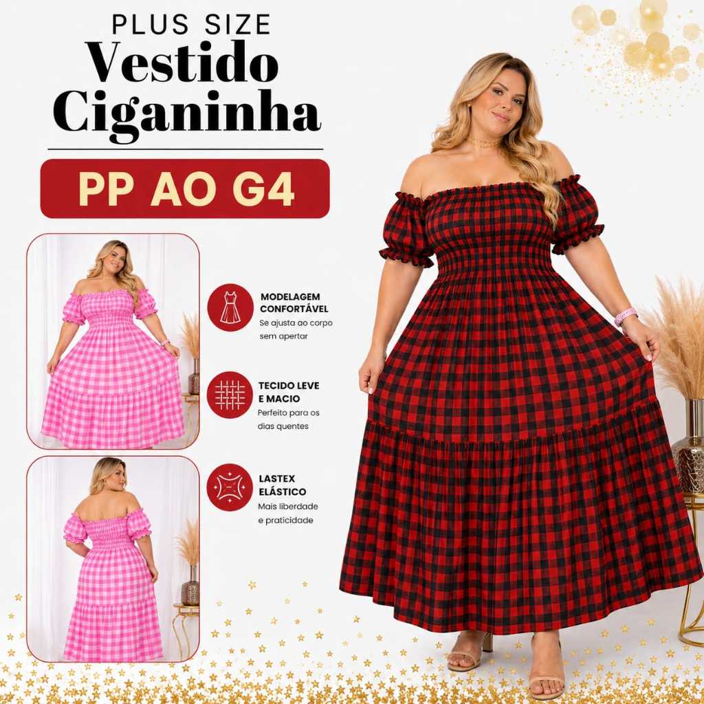 Vestido Xadrez Plus Size Festa Junina Lastex Solti