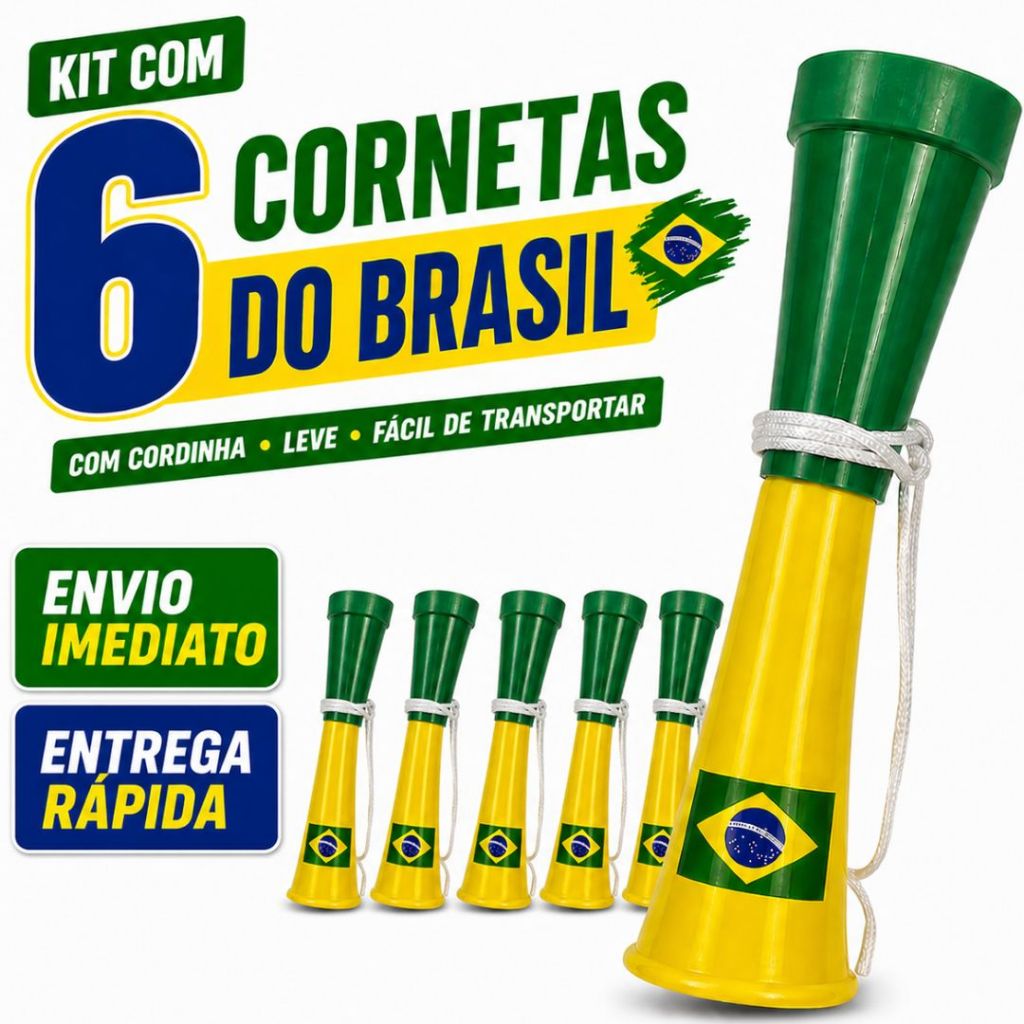 Corneta Vuvuzela Brasil Com Cordinha Kit 6 Unidade