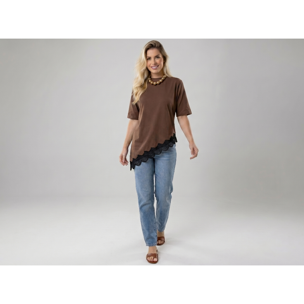 Blusa Feminina Assimétrica 100% Algodão com Deta