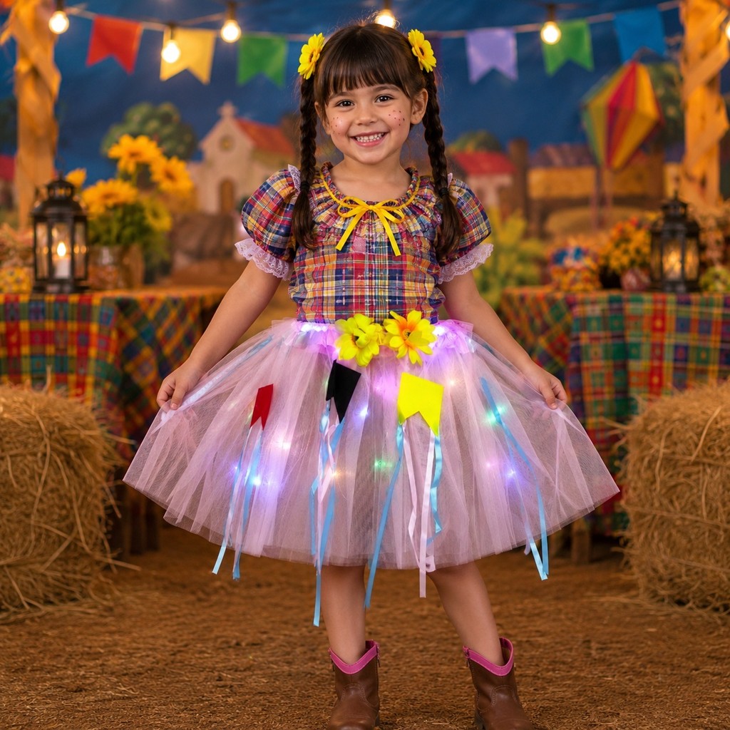 Saia Junina Infantil Tule LED  Festa Junina Fantas