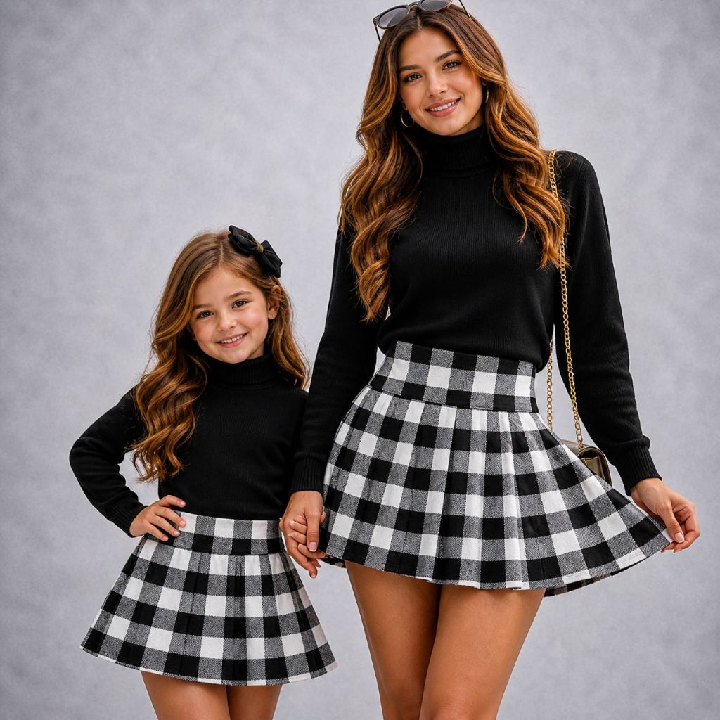Kit Mãe e Filha Saia Xadrez  Rodada Plissada Tal 
