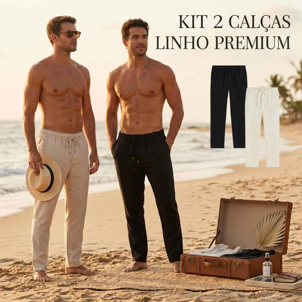 Kit 2 Calças Linho Masculina Praia Rústica Leve 
