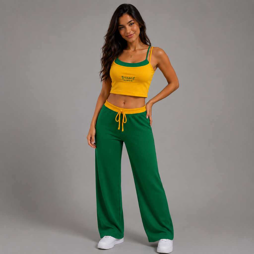 Conjunto Feminino Wide Leg + Cropped Brasil Moda B