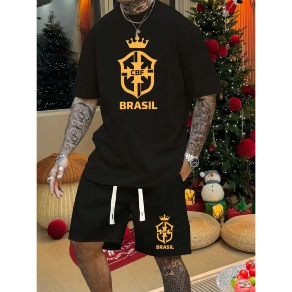 kit Conjunto Masculino Brasil Camiseta Algodão+Sh