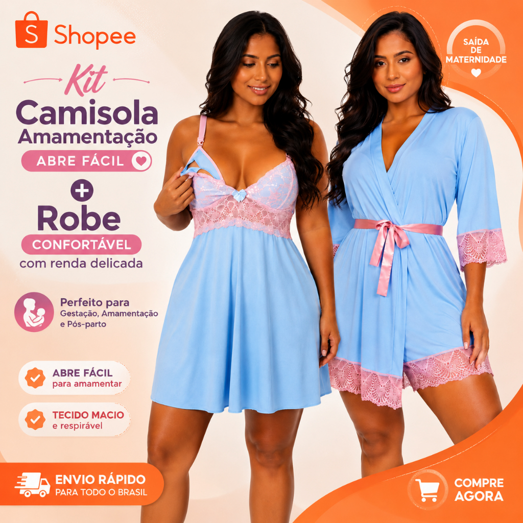Kit Camisola Amamentação Abre Fácil + Robe Luxo