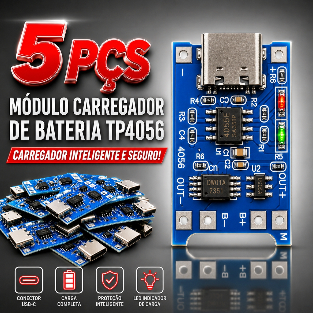 kit 5pçs Módulo Carregador Bateria TP4056 USB-C 