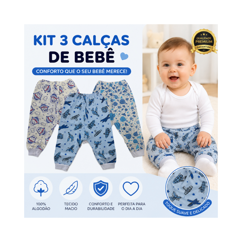 Kit 3 Calças Mijão Premium Bebê Estampadas Meni