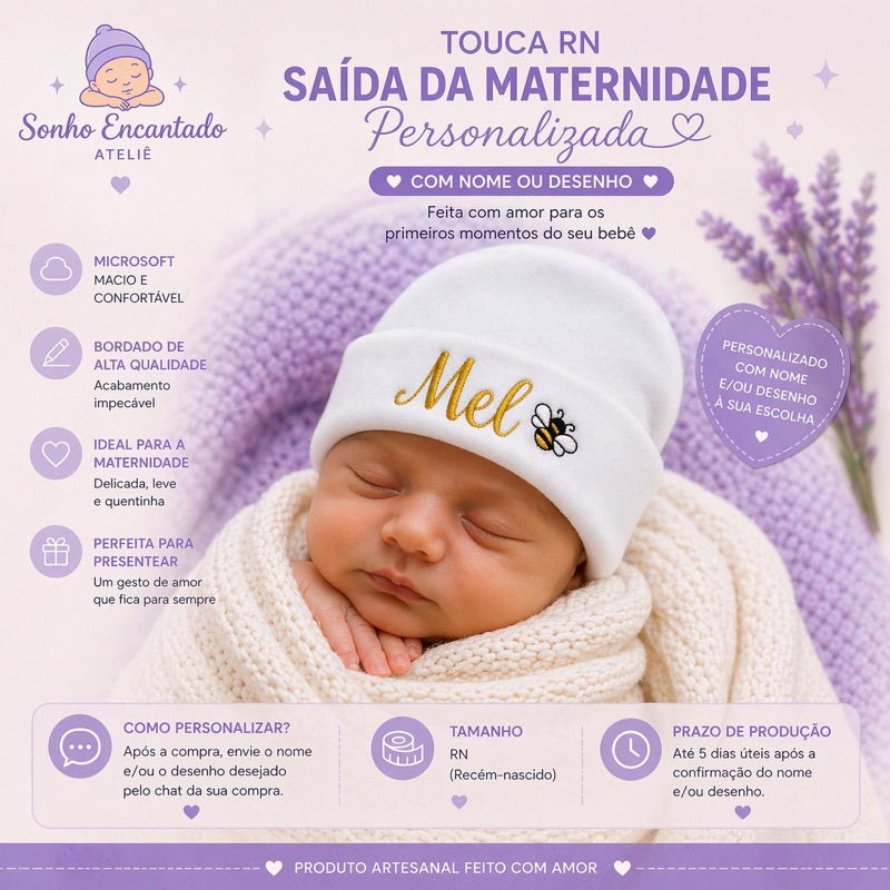 TOUCA RN personalizada com NOME para Saída matern