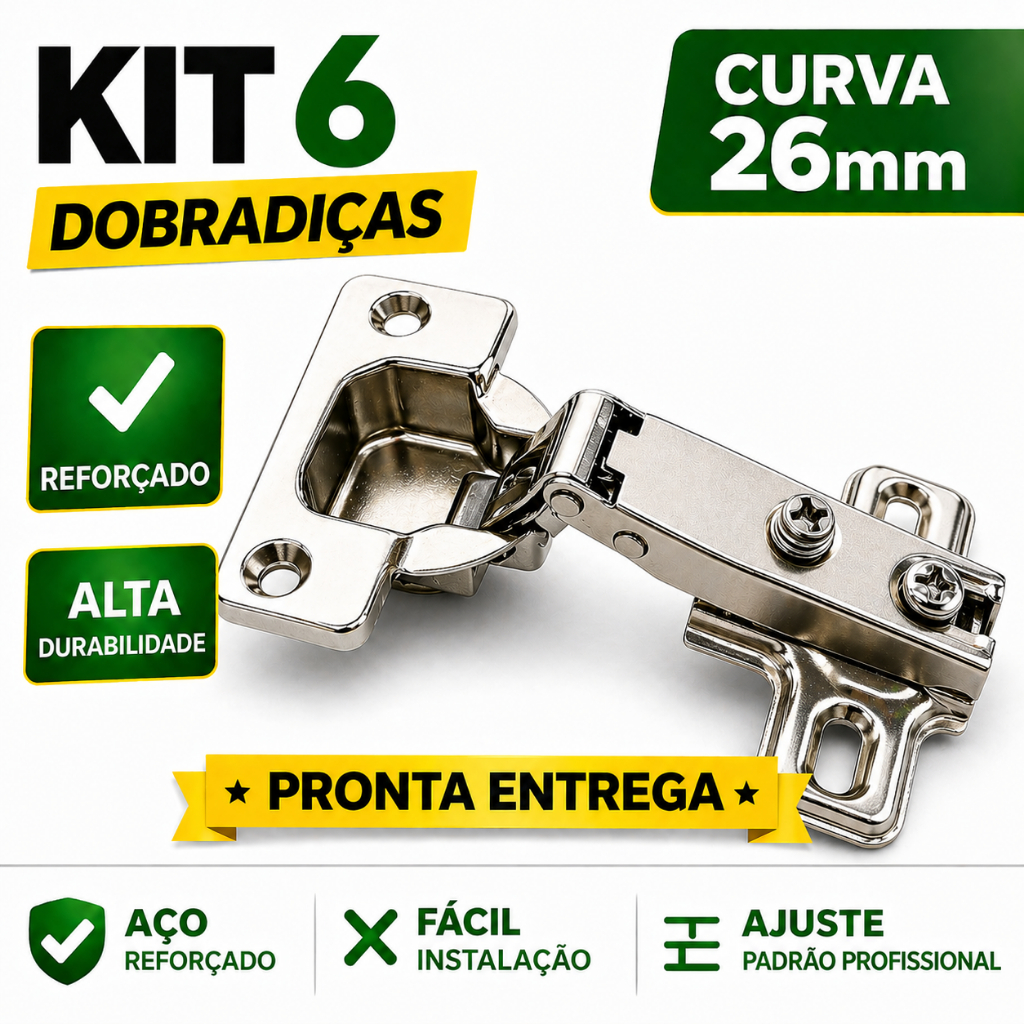 Kit 6 Dobradiça 26mm Curva Armário Porta Móveis