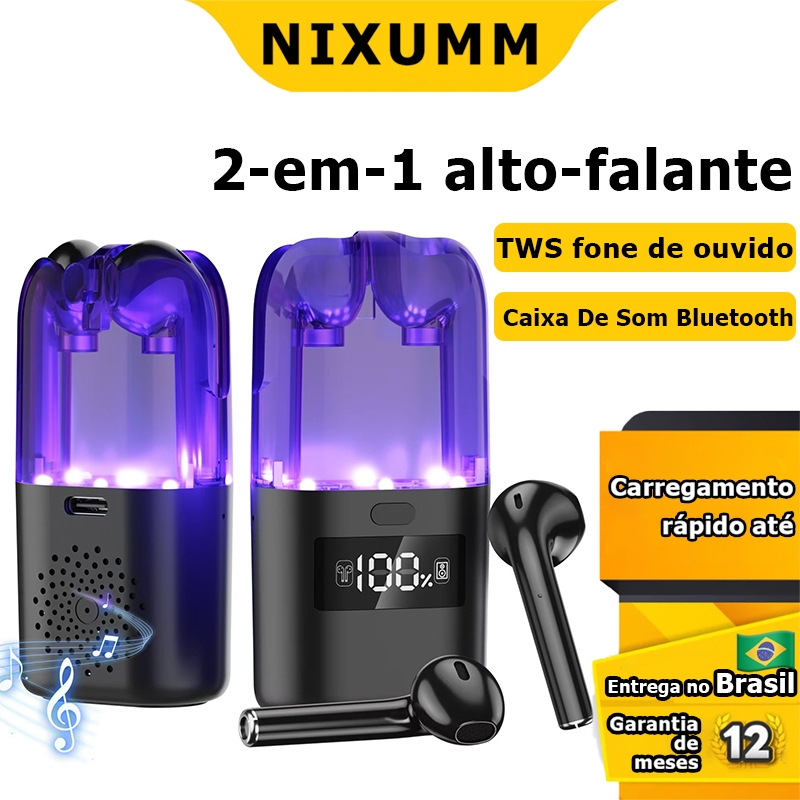 NIXUMM Fone de Ouvido Sem Fio 2 em 1 TWS fone de o