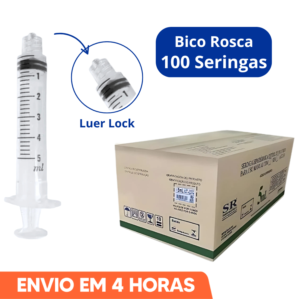 Seringa 5ml Bico Rosca Luer Lock Descartável Marc