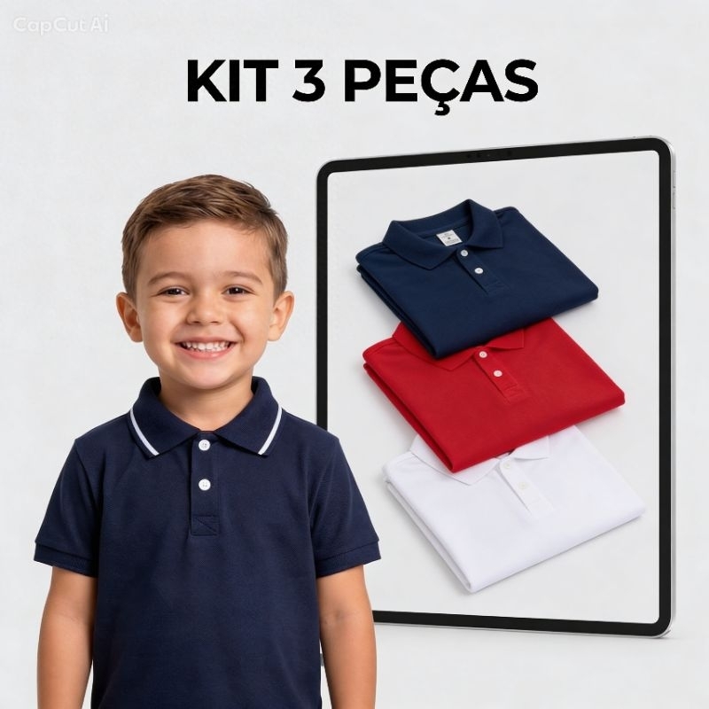 kit 3 peças Camisetas infantil, juvenil gola polo