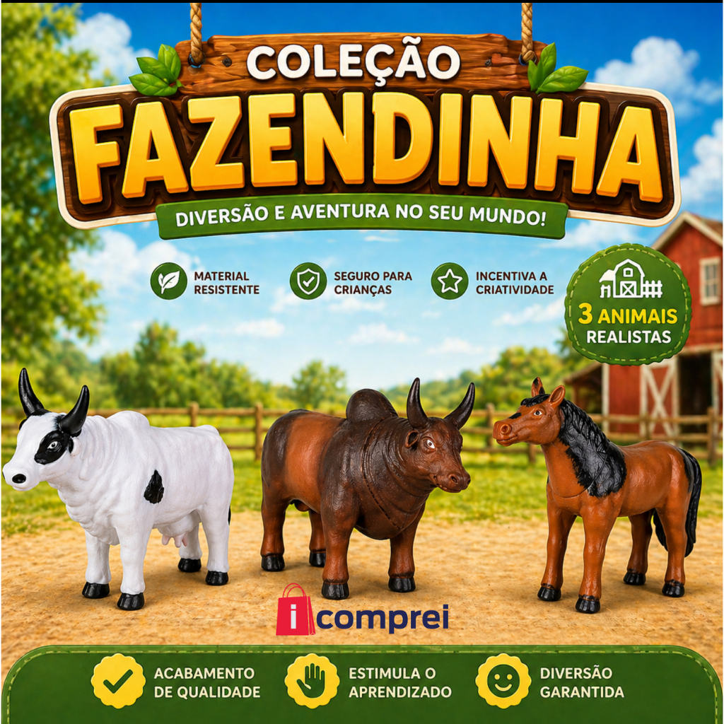 Kit Farm Touro + Vaca + Cavalo Animais Da Fazenda 