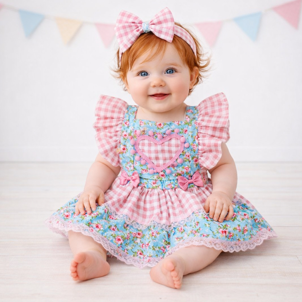 Jardineira Saia + Tiara Xadrez Floral Delicado Arr