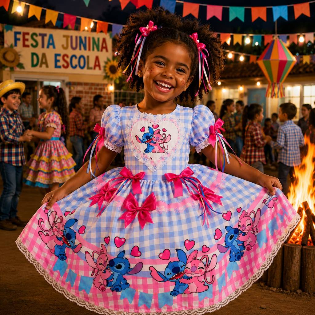 Vestido Festa Junina Infantil Stitch Angel Xadrez