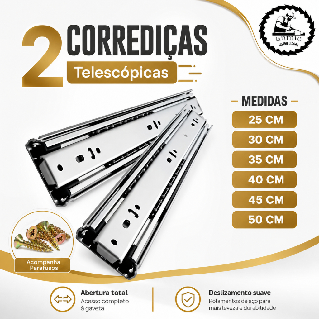Kit Par Corrediça Telescopica Para Gaveta Armario