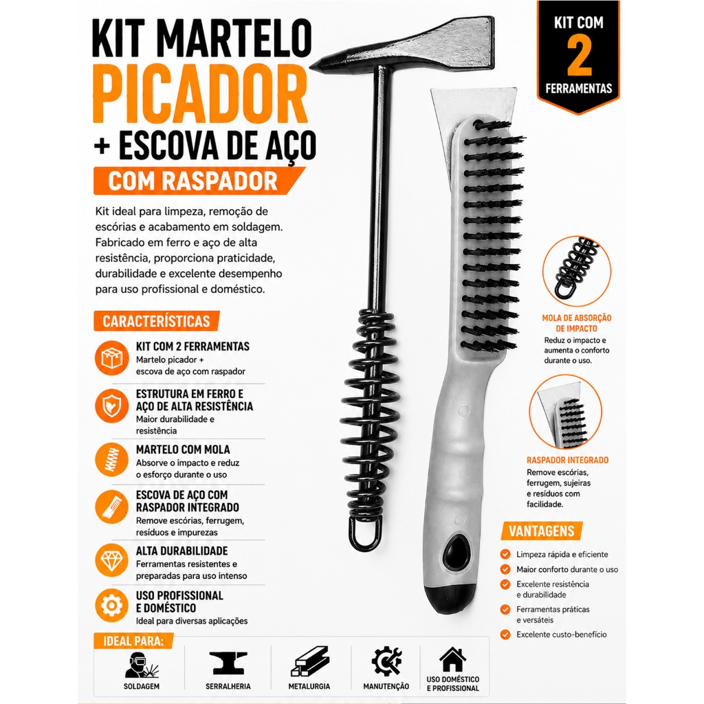 Martelo Picador com Mola e Escova de Aço com Rasp