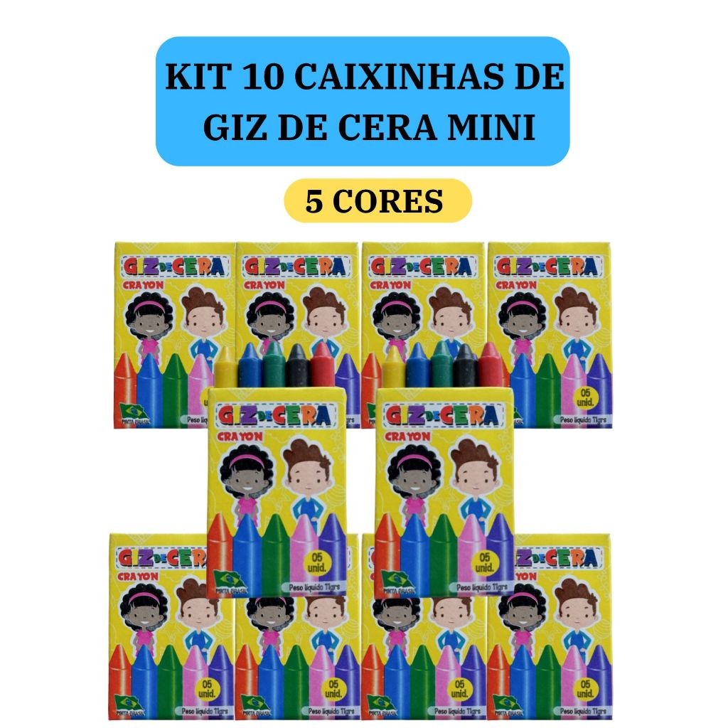 10 cx Mini Giz de Cera 5 Cores P/ Kit Festa Lembra