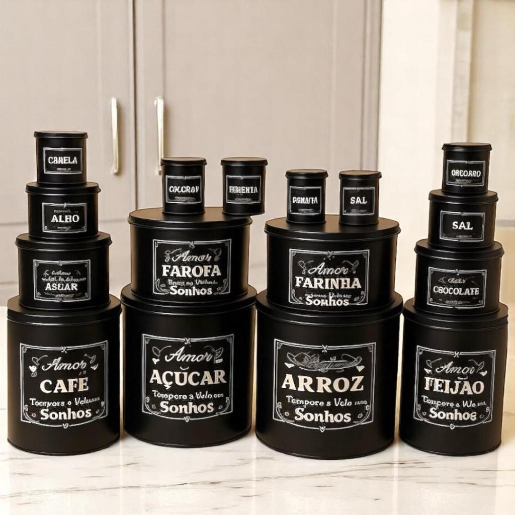 KIT 15 PEÇAS POTES DE MANTIMENTOS PRETO PARA COZI