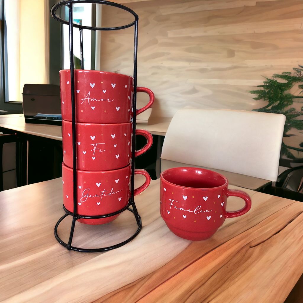 Jogo De Xícaras Café Chá Vermelha Com Suporte C