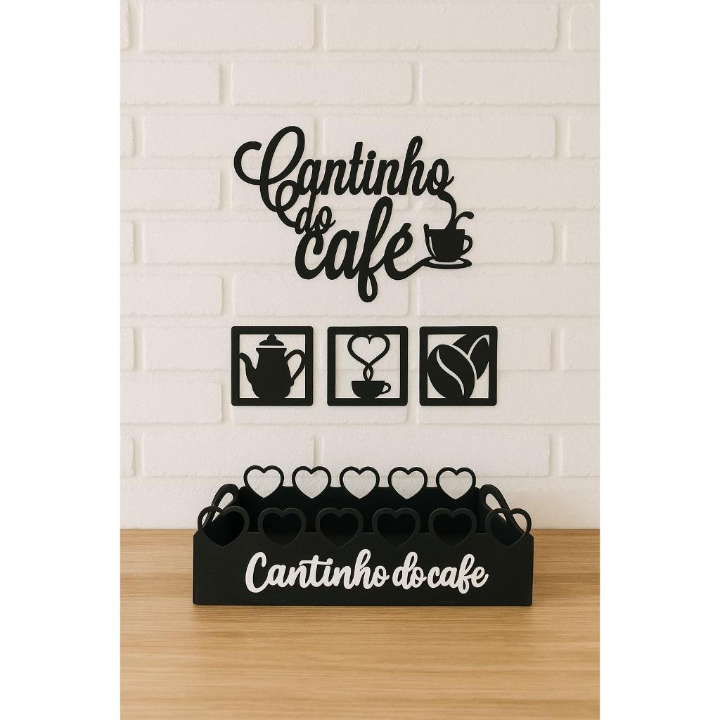 Bandeja e Aplique Cantinho do Café em MDF Marrom