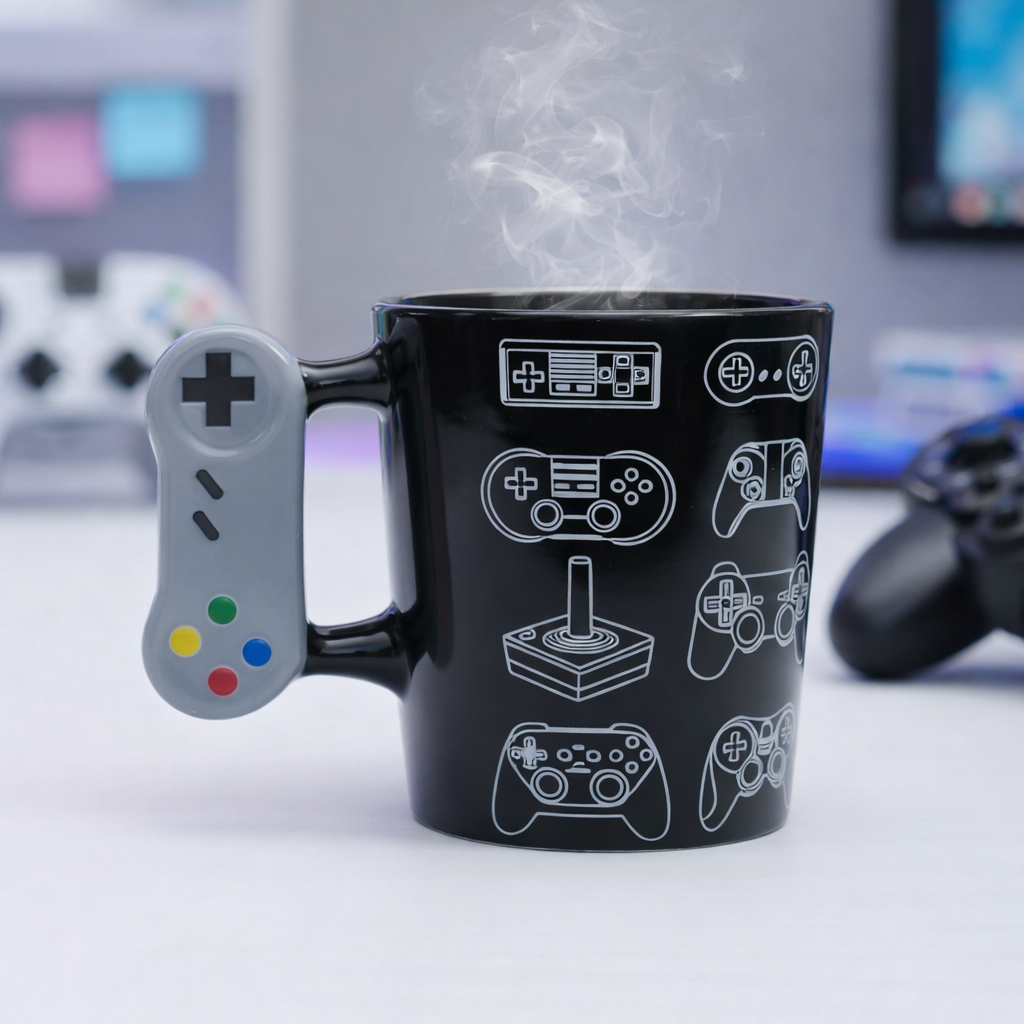Caneca Gamer Geek Preta Joystick 3D 8 Controles Po