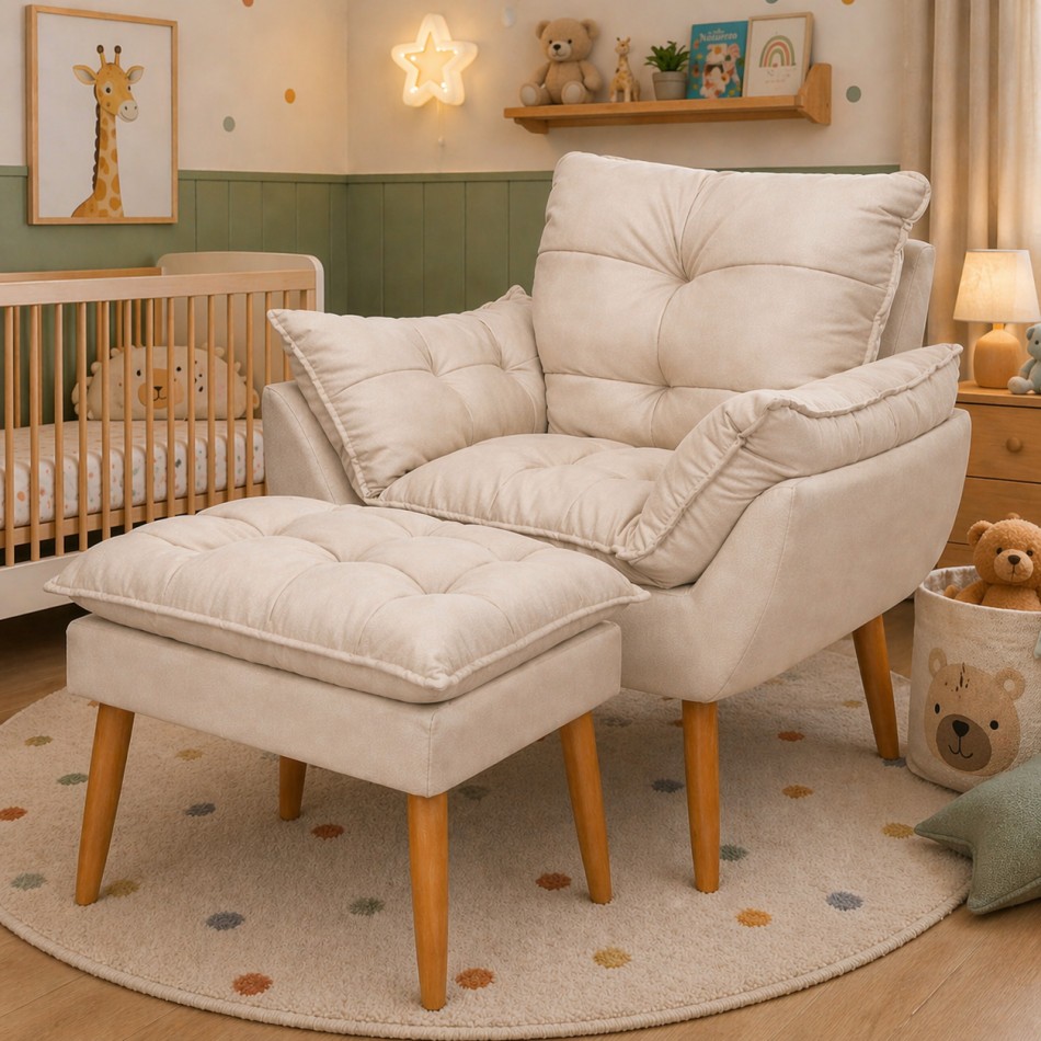 Kit Poltrona e Puff Bege Suede Decorativo Amamenta