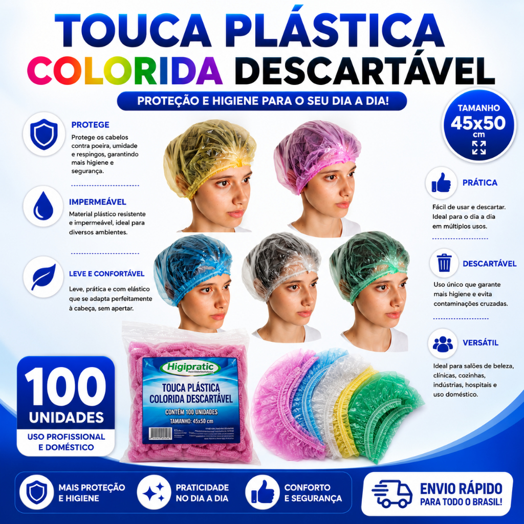 Touca Plástica Descartável 100UN Colorida –