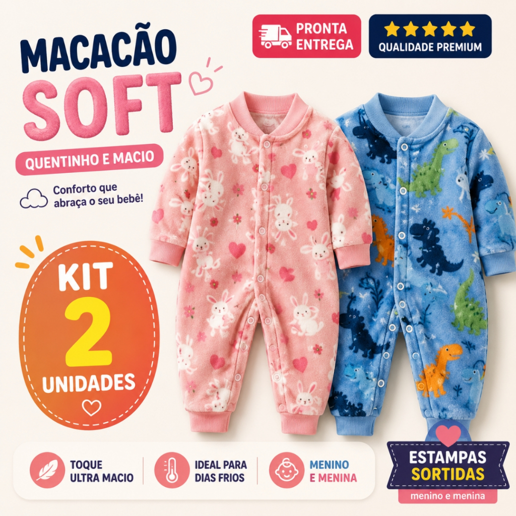 Kit 2 Macacão Soft Com Botões Pijama Bebê Infan