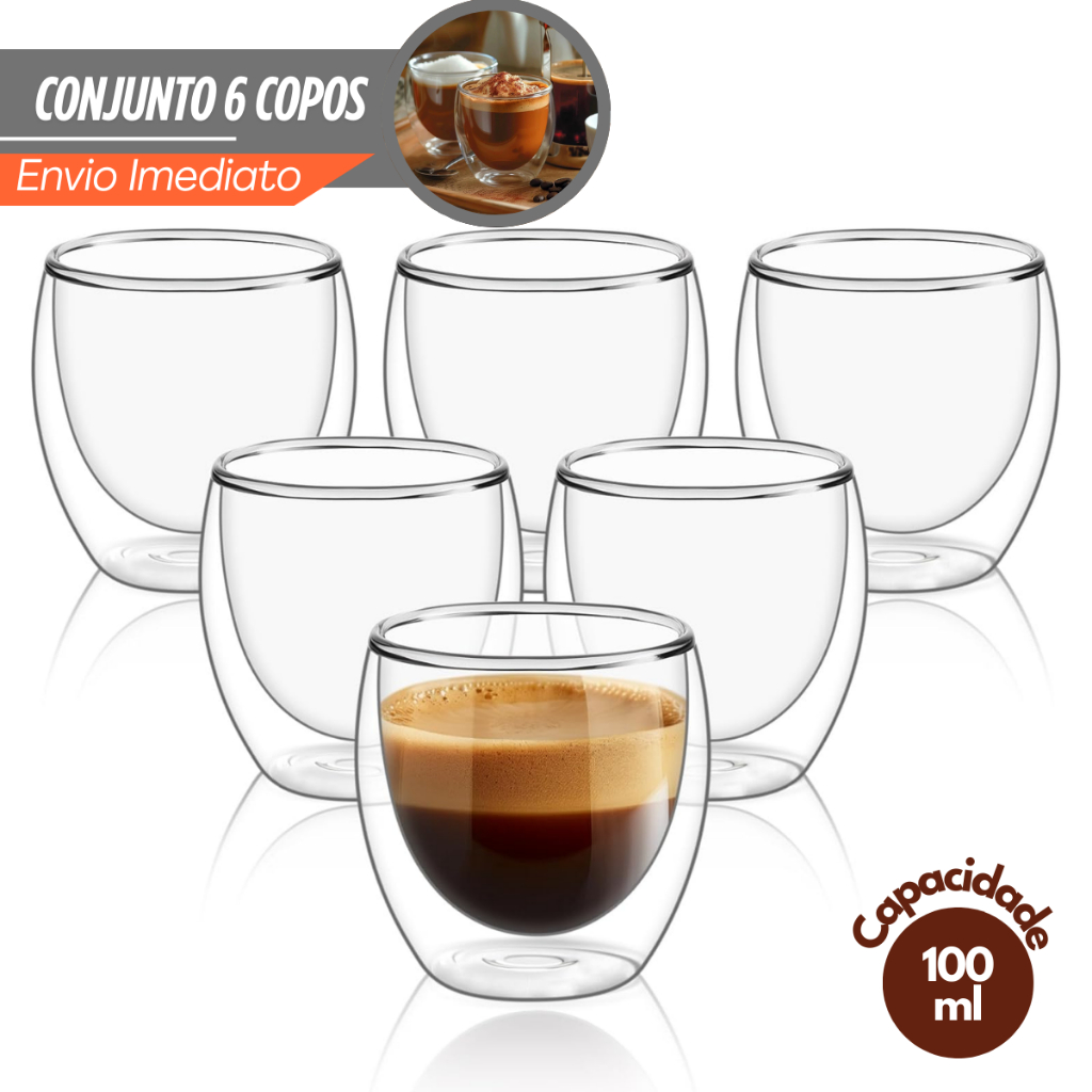 Kit 6 Copos Parede Dupla de Vidro 100 ml Copo de  