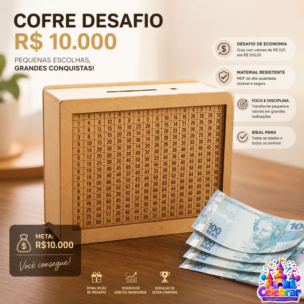 Cofre Desafio 1000 5000 10000 Caixa Dinheiro De Ma