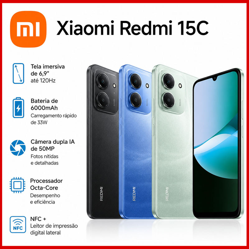 (Novo) Câmera Xiaomi Redmi 15C preto 8GB+256GB RA