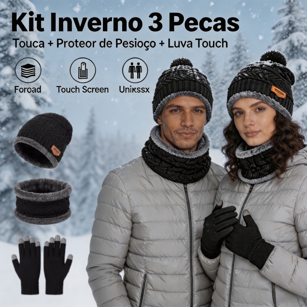 Kit Inverno 3 Peças Touca Forrada + Gola Cachecol