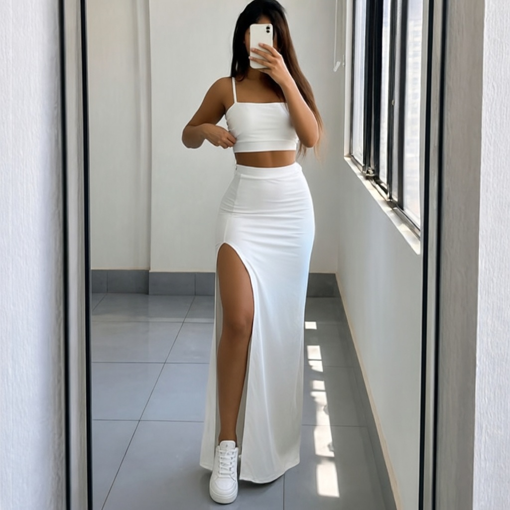 Conjunto Feminino Saia Longa e Cropped Alcinha Com