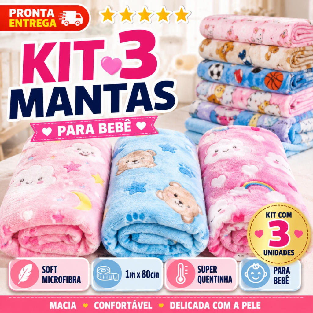 Kit 3 Unidades Manta Soft Microfibra Para Bebê In