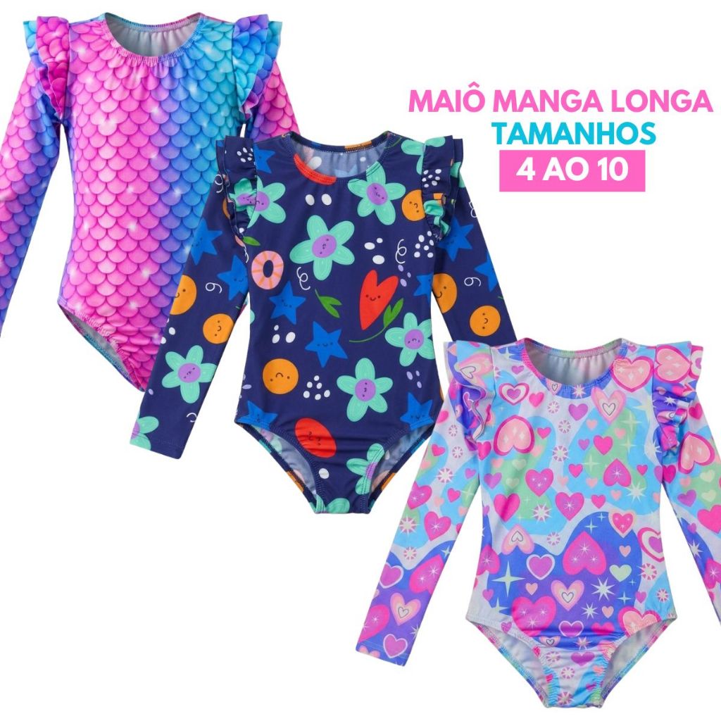 Maiô Manga Longa Comprida Menina Infantil Estampa