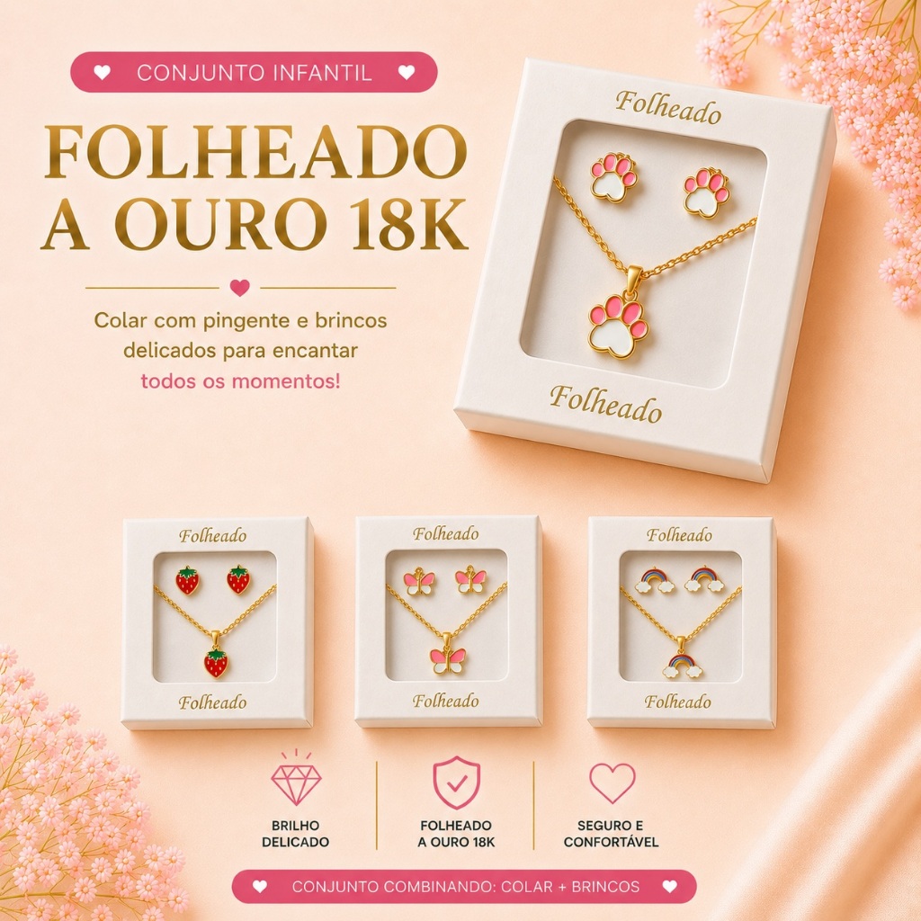Conjunto Infantil Folheado a Ouro 18K Colar com Pi