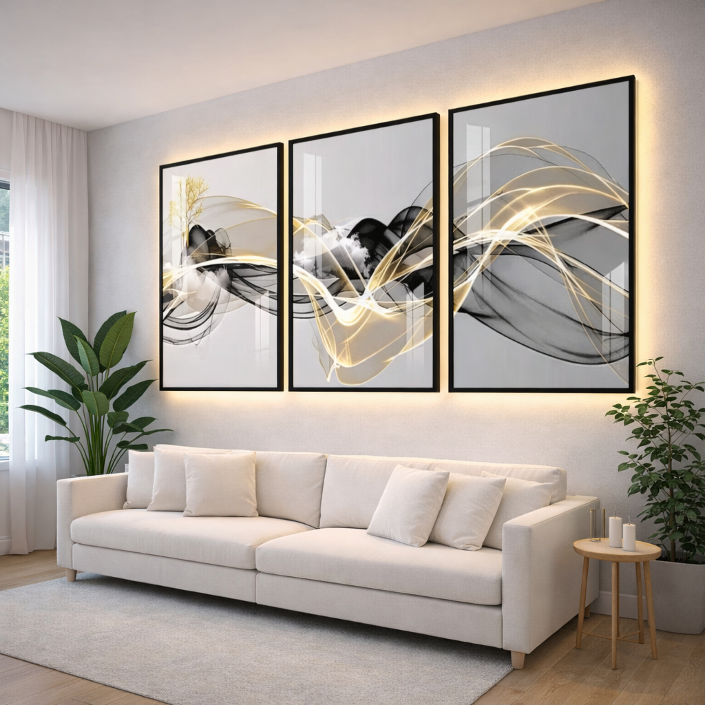 Quadro Decorativo Sala Abstrato Linha Gold Moldura