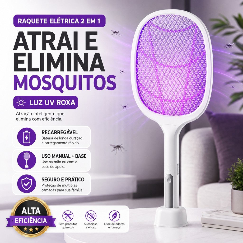 Raquete Mata Mosquito Recarregável Com Base Luz U