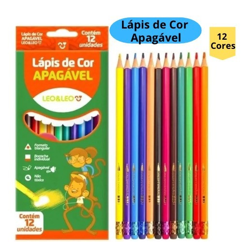 Lápis de Cor Apagável 12 Cores Triangular Com Bo