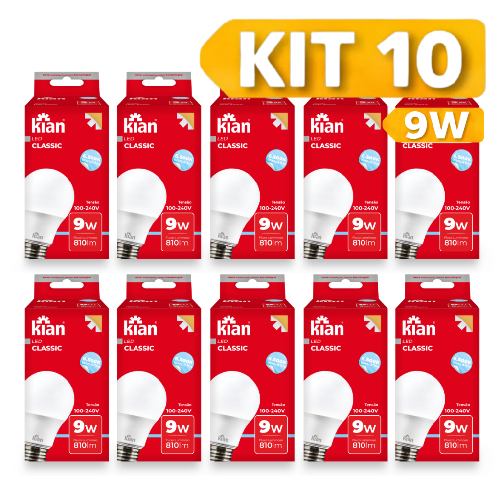 Kit 10 Lâmpadas LED Kian 9W Luz Branco Frio 6500K