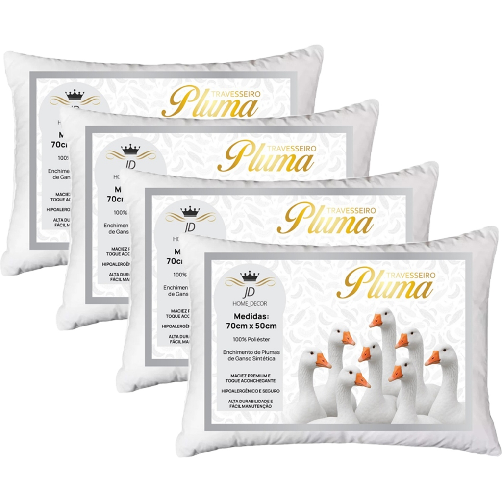 Kit 4 Travesseiros Penas e Plumas De Ganso 70×