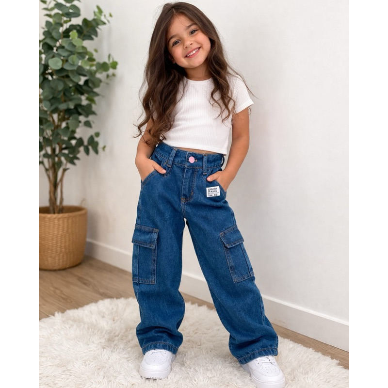 Calça Jeans Cargo infantil Wide Leg Premium Moda 
